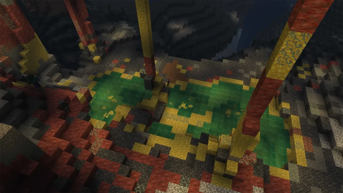 Minecraft Chaos Cubed actualización 2026 – Bioma Cuevas de Azufre con bloques de azufre y cinabrio iluminados en rojo y amarillo