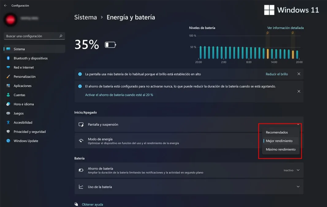 Windows 11 Energia y Bateria